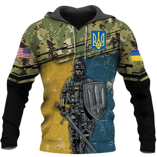 Joycorners Soldier With Shield Green Camo Ukraine Flag All Over Printed 3D Hoodie