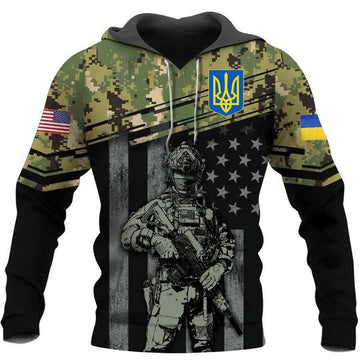 Joycorners Soldier With Gun Green Camo Ukraine and U.S Flag All Over Printed 3D Hoodie