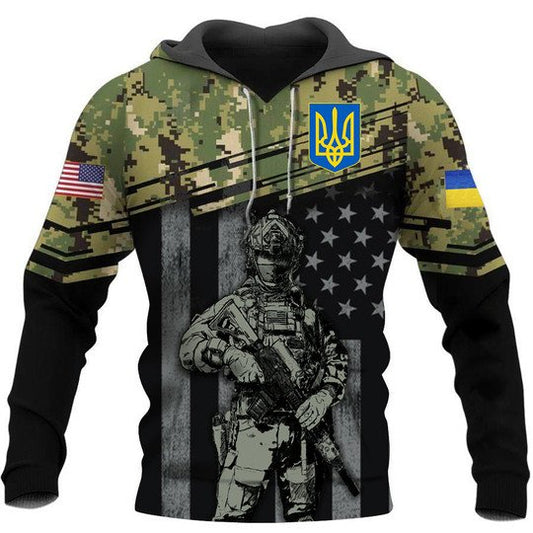 Joycorners Soldier With Gun Green Camo Ukraine and U.S Flag All Over Printed 3D Hoodie