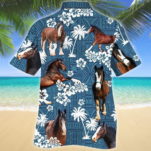 Joycorners CLYDESDALE HORSE Blue Tribal All Over Printed 3D Hawaiian Shirt