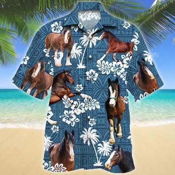 Joycorners CLYDESDALE HORSE Blue Tribal All Over Printed 3D Hawaiian Shirt
