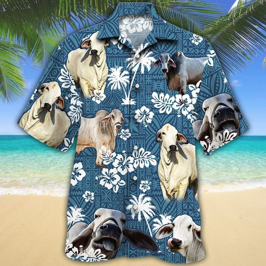 Joycorners BRAHMAN Cattle Blue Tribal All Over Printed 3D Hawaiian Shirt