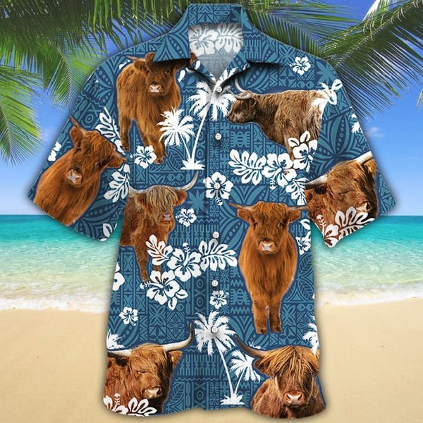 Joycorners HIGHLAND Cattle Blue Tribal All Over Printed 3D Hawaiian Shirt