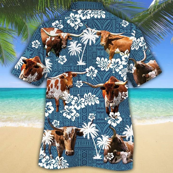 Joycorners TX LONGHORN Cattle Blue Tribal All Over Printed 3D Hawaiian Shirt