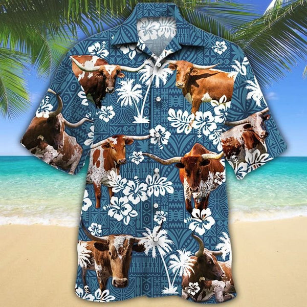 Joycorners TX LONGHORN Cattle Blue Tribal All Over Printed 3D Hawaiian Shirt