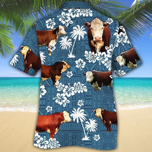 Joycorners HEREFORD Cattle Blue Tribal All Over Printed 3D Hawaiian Shirt