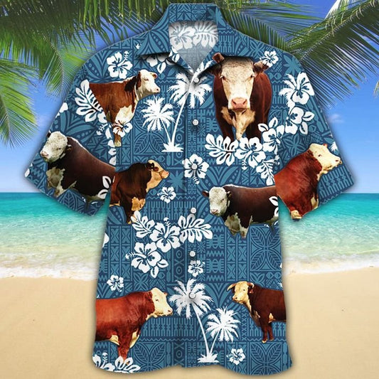 Joycorners HEREFORD Cattle Blue Tribal All Over Printed 3D Hawaiian Shirt