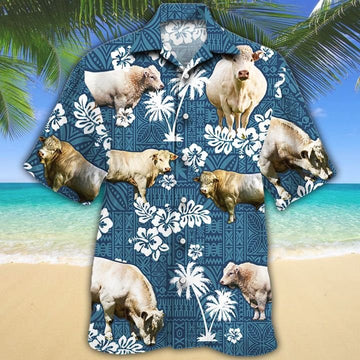 Joycorners CHAROLAIS Cattle Blue Tribal All Over Printed 3D Hawaiian Shirt