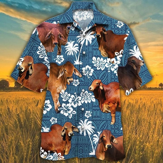 Joycorners RED BRAHMAN Cattle Blue Tribal All Over Printed 3D Hawaiian Shirt