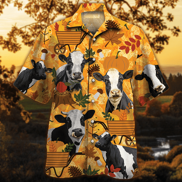Joycorners Holstein Friesian Cattle Lovers Orange Nature Autumn Hawaiian Shirt