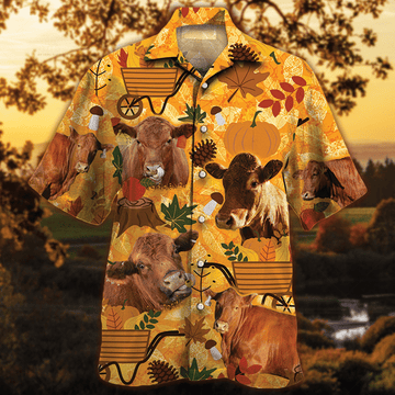 Joycorners Red Angus Cattle Lovers Orange Nature Autumn Hawaiian Shirt