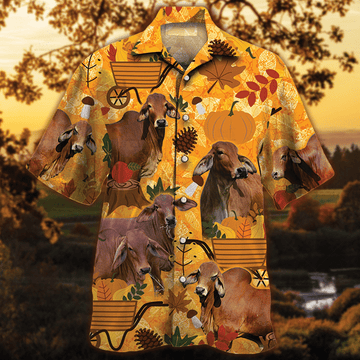 Joycorners Red Brahman Cattle Lovers Orange Nature Autumn Hawaiian Shirt