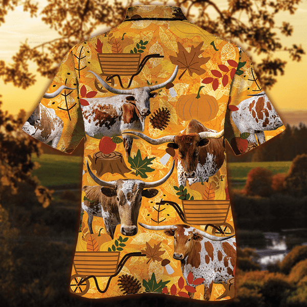 Joycorners TX Longhorn Cattle Lovers Orange Nature Autumn Hawaiian Shirt