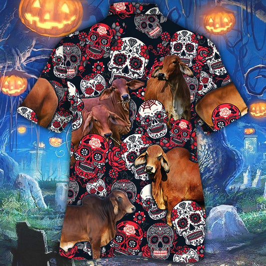 Joycorners Red Brahman Cattle Lovers Sugar Skull Floral Hawaiian Shirt