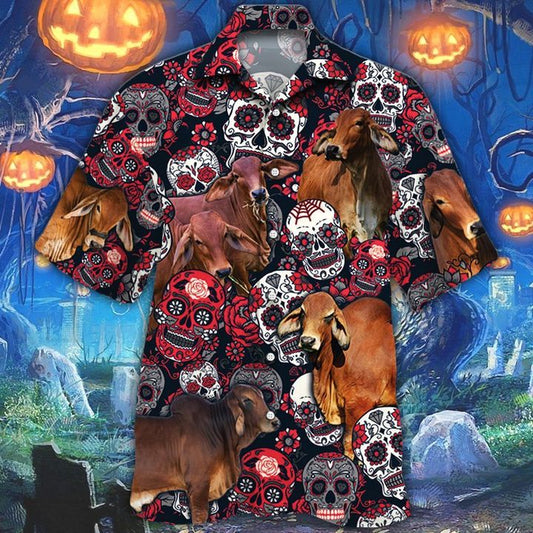 Joycorners Red Brahman Cattle Lovers Sugar Skull Floral Hawaiian Shirt