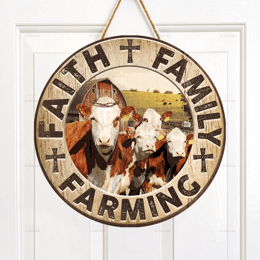 Joycorners Hereford Cattle Lovers Faith Family Farming Round Wooden Sign