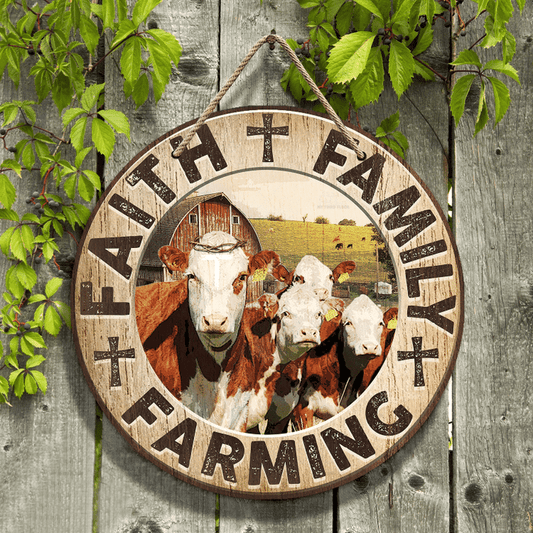 Joycorners Hereford Cattle Lovers Faith Family Farming Round Wooden Sign