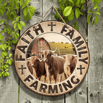 Joycorners Highland Cattle Lovers Faith Family Farming Round Wooden Sign