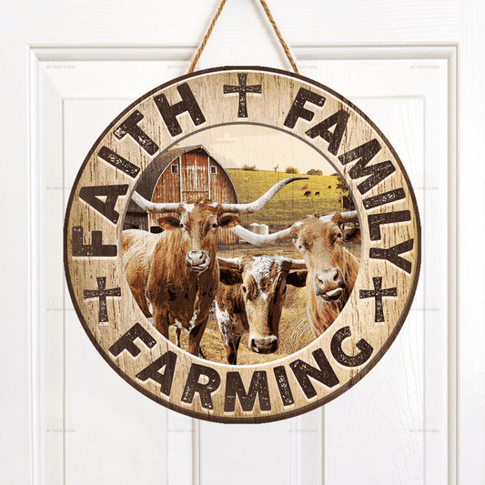 Joycorners TX Longhorn Cattle Lovers Faith Family Farming Round Wooden Sign