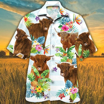 Joycorners HIGHLAND CATTLE Hawaiian Theme Pineapple Tropical Flower All Printed 3D Hawaiian Shirt