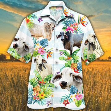 Joycorners BRAHMAN CATTLE Hawaiian Theme Pineapple Tropical Flower All Printed 3D Hawaiian Shirt