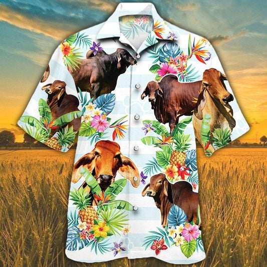 Joycorners RED BRAHMAN CATTLE Hawaiian Theme Pineapple Tropical Flower All Printed 3D Hawaiian Shirt