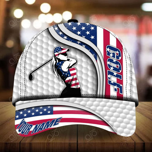 Joycorners Unique Women Love Golf US Flag Pattern Customized Name Multicolor 3D Cap