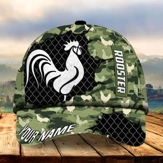 PREMIUM CAMO METAL ROOSTER FOR ROOSTER LOVERS GREEN PERSONALIZED CAP