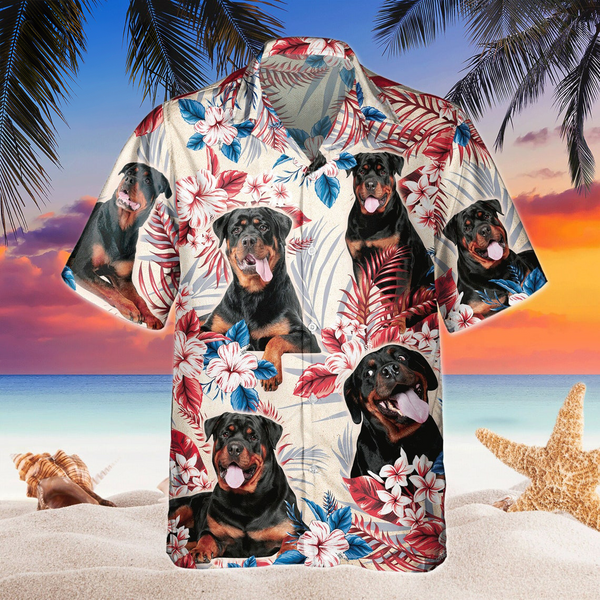 Joycorners Rottweiler Dog United States Flag Hawaiian Flowers All Over Printed 3D Hawaiian Shirt