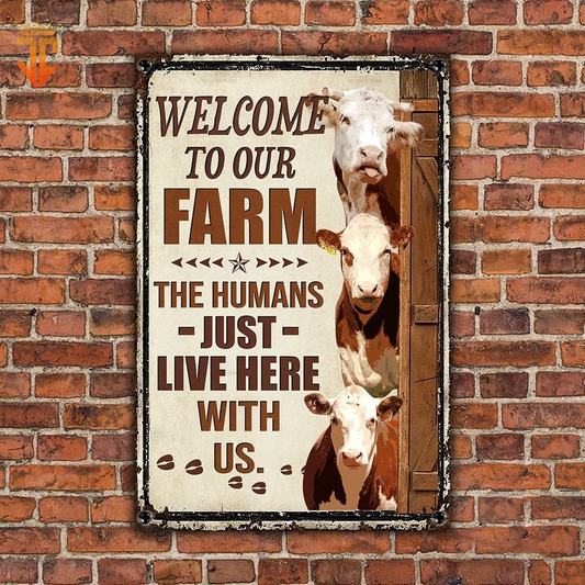 Joycorners Personalized Name Hereford Cattle Welcome to our farm All Printed 3D Metal Sign