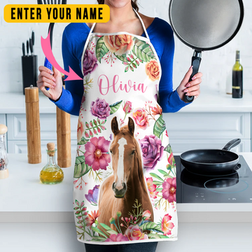 Joycorners Personalized Name Horse Flowers All Over Printed 3D Apron