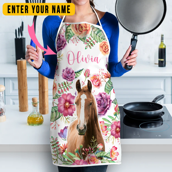 Joycorners Personalized Name Horse Flowers All Over Printed 3D Apron
