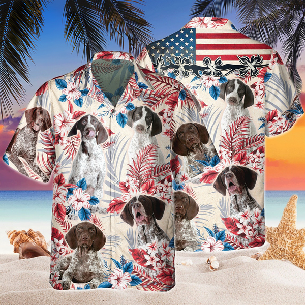Joycorners German Shorthaired Pointer Dog United States Flag Hawaiian Flowers All Over Printed 3D Hawaiian Shirt