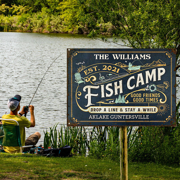 Personalized Fish Camp Drop A Line Customized Classic Metal Signs