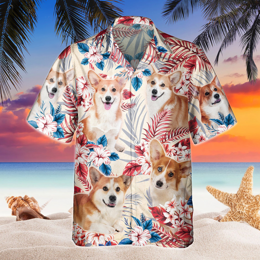 Joycorners Welsh Corgi Dog United States Flag Hawaiian Flowers All Over Printed 3D Hawaiian Shirt