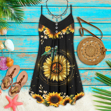 Joycorners Sunflower Turtle All Printed 3D Spaghetti Strap Summer Dress