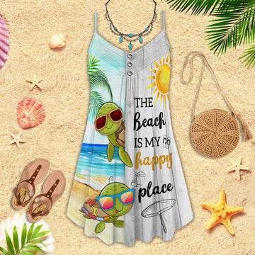 Joycorners Cute Turtles The Beach Is My Happy Place All Printed 3D Spaghetti Strap Summer Dress