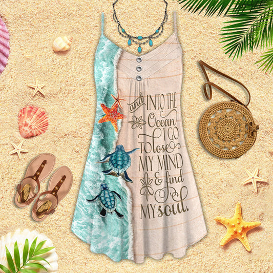 Joycorners Turtles On Sand Beach And Into The Ocean I Go, To Love My Mind & Find My Soul All Printed 3D Spaghetti Strap Summer Dress