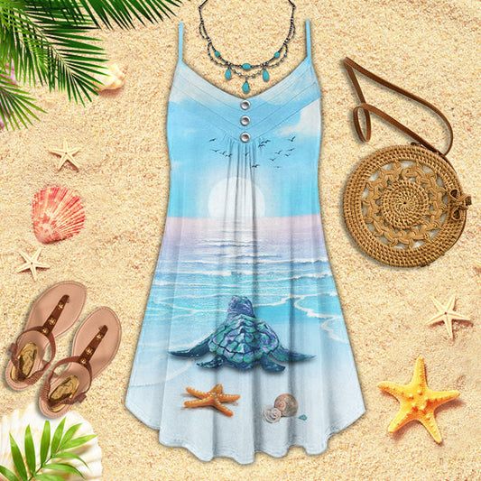 Joycorners Turtle Watching Sun All Printed 3D Spaghetti Strap Summer Dress