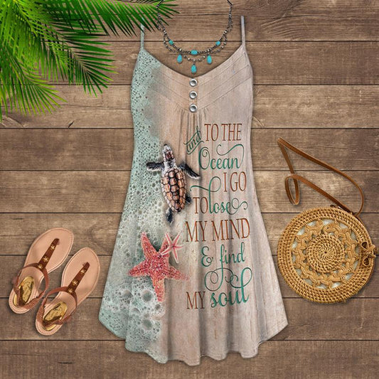 Joycorners Turtle On Sand Beach And Into The Ocean I Go, To Love My Mind & Find My Soul All Printed 3D Spaghetti Strap Summer Dress