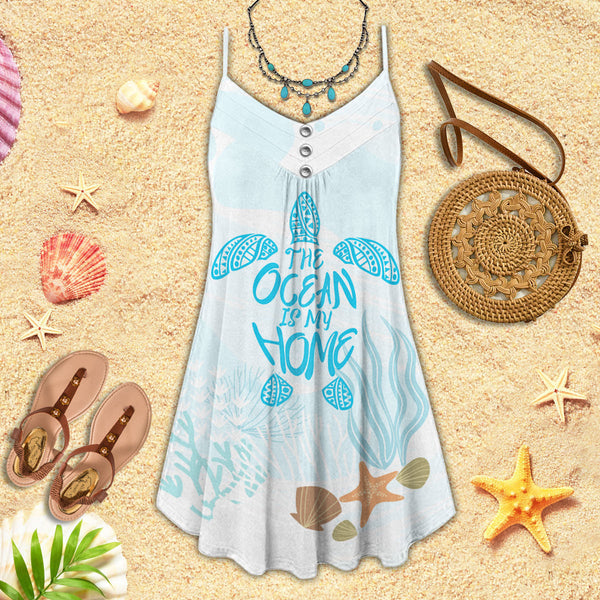 Joycorners Turtle The Ocean Is My Home All Printed 3D Spaghetti Strap Summer Dress