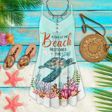 Joycorners Turtle A Day At The Beach Retores The Soul All Printed 3D Spaghetti Strap Summer Dress