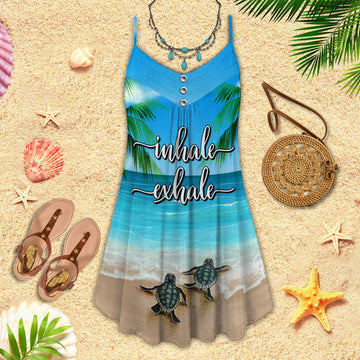 Joycorners Turtles On Sand Beach Day Inhale Exhale All Printed 3D Spaghetti Strap Summer Dress