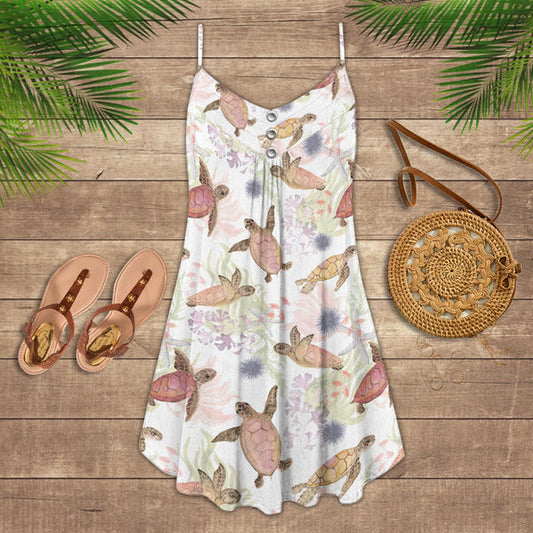 Joycorners White Pink Turtle Pattern All Printed 3D Spaghetti Strap Summer Dress