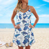 Joycorners White Blue Turtle Pattern All Printed 3D Spaghetti Strap Summer Dress