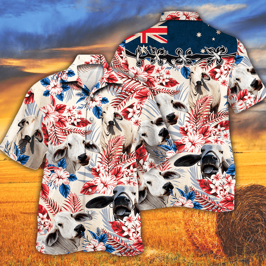 Joycorners Brahman Cattle Australian Flag Hawaiian Flowers All Over Printed 3D Hawaiian Shirt