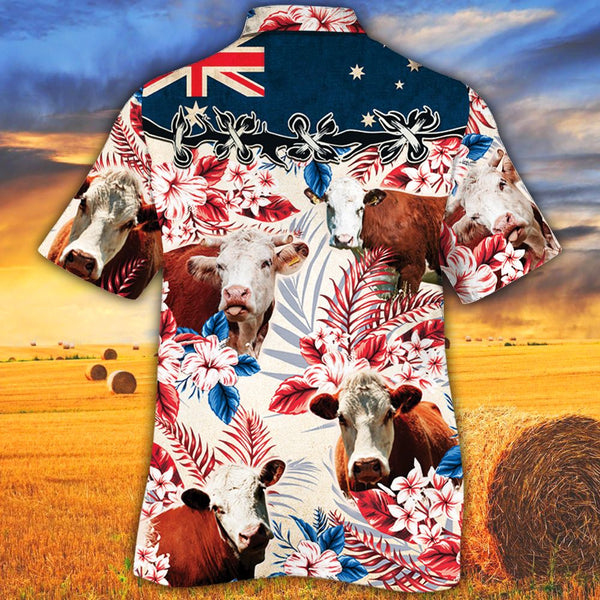 Joycorners Hereford Cattle Australian Flag Hawaiian Flowers All Over Printed 3D Hawaiian Shirt