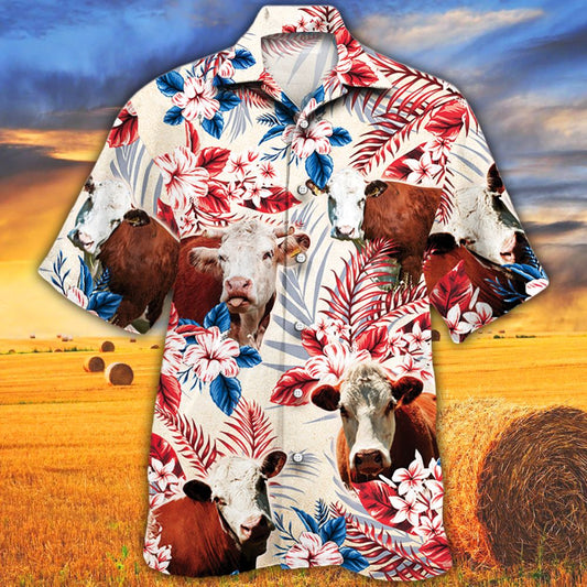 Joycorners Hereford Cattle Australian Flag Hawaiian Flowers All Over Printed 3D Hawaiian Shirt