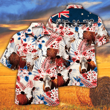 Joycorners Hereford Cattle Australian Flag Hawaiian Flowers All Over Printed 3D Hawaiian Shirt
