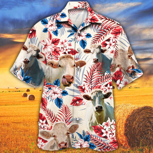 Joycorners Charolais Cattle Australian Flag Hawaiian Flowers All Over Printed 3D Hawaiian Shirt